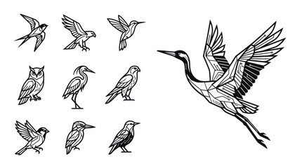 Fototapeta premium Collection of Diverse Bird Silhouettes: Crane, Owl, Swallow, Falcon, Heron, Sparrow