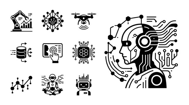 AI Technology Icons: Robotics, Drones, Data, Circuits, Robots, Future Tech