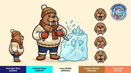 Cartoon animals in winter clothing scene. © Tresno