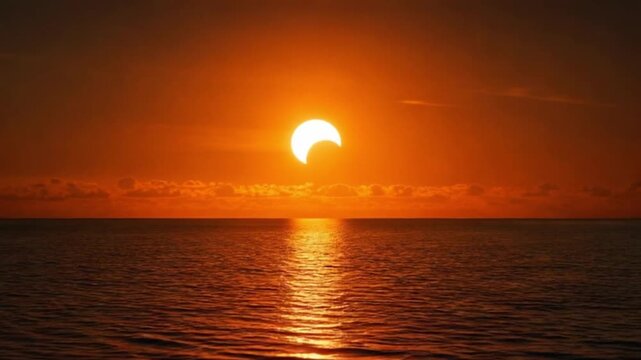 Partial Solar Eclipse Over Calm Ocean Horizon. 4K Video