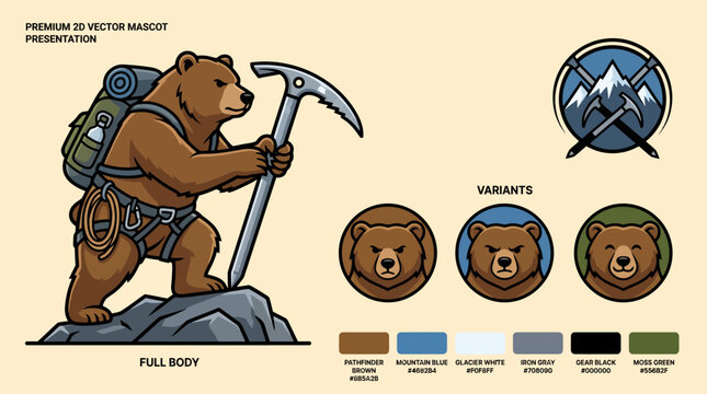 Illustrated bear hiking with equipment and variants.
