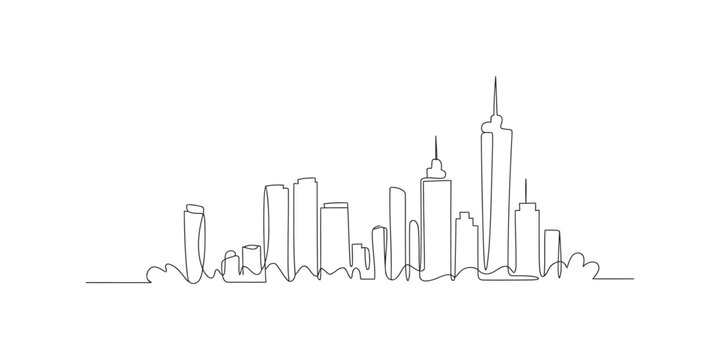 Continuous line drawing of a city skyline with tall buildings and skyscrapers isolated on white background