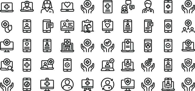 Telemedicine digital healthcare online consultation line icon pack for medical app user interface design layout and virtual clinic presentation