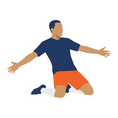 Obraz premium Flat vector illustration of a male soccer player celebrating a goal by sliding on his knees with arms wide open, wearing a blue shirt and orange shorts, isolated on white background.