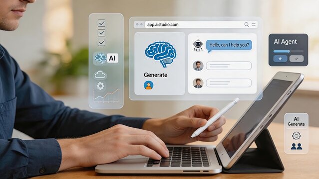 Man using laptop and tablet with floating user interface showing AI agent chatbot and brain icon for content generation, representing artificial intelligence software application