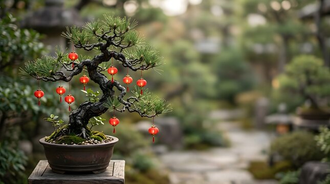 Bonsai tree decorated with small red lanterns for Chinese New Year celebration