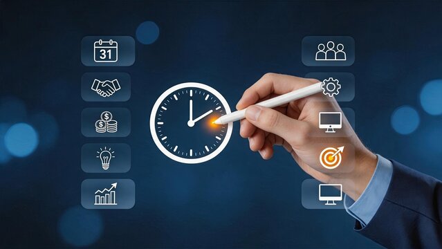 Hand holding stylus pointing at clock icon surrounded by calendar, team, money and lightbulb symbols, time management and productivity concept.