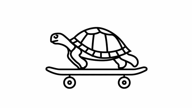 Whimsical vector outline of a turtle on a skateboard, symbolizing unexpected speed and a carefree, adventurous spirit