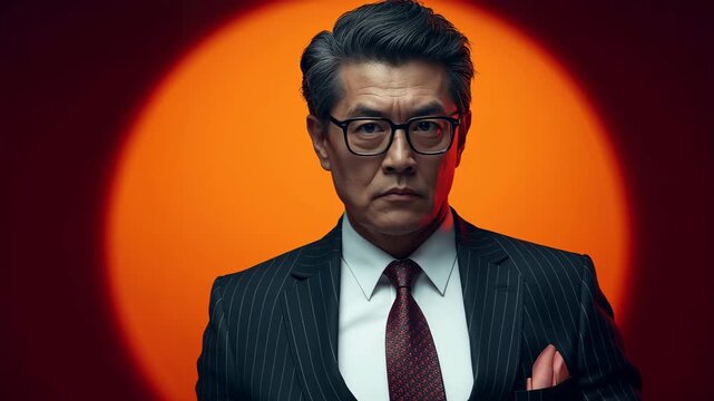 日本の男性40代が鋭く指差す劇的シーン、強い意志を示す肖像