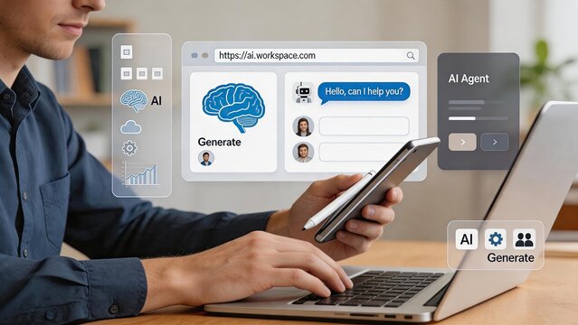 User generating content using AI agent on browser interface, creative workspace platform, chatbot assistance, cloud computing integration, collaborative team features, and