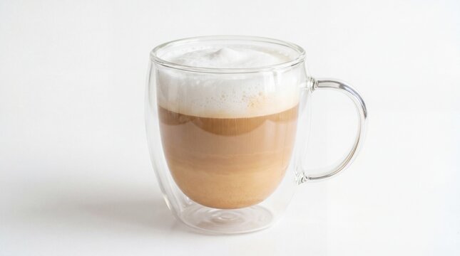 Fresh hot cappuccino coffee in a glass mug