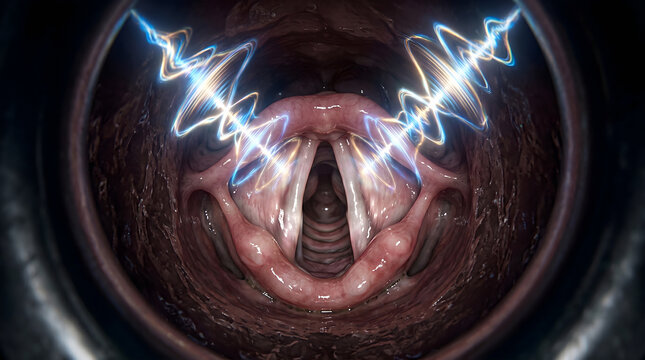 Human vocal cords anatomy. Sound wave vibration frequency. Medical illustration for larynx healthcare marketing.