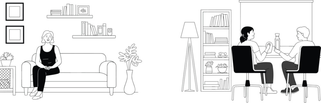 Line Art Illustration of a Living Room Scene and a Study Area woman vector