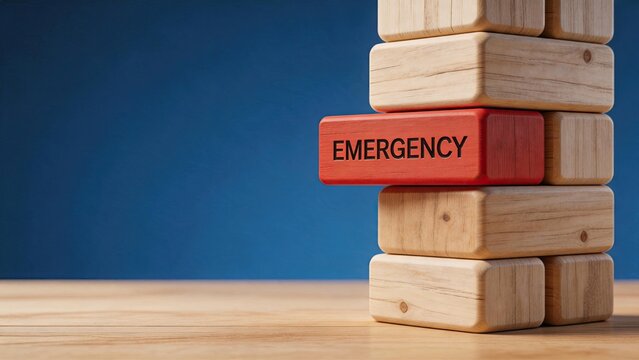 Emergency red wood block in tower stack symbolizing risk management and crisis preparedness, highlighting the importance of contingency planning in business operations.