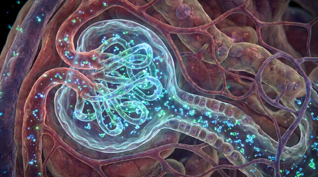 Microscopic kidney nephron structure. Glomerulus blood filtration activity. Biotechnology and regenerative medicine concept.