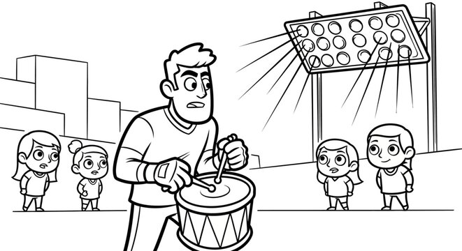 Man playing drum in front of children outdoors.