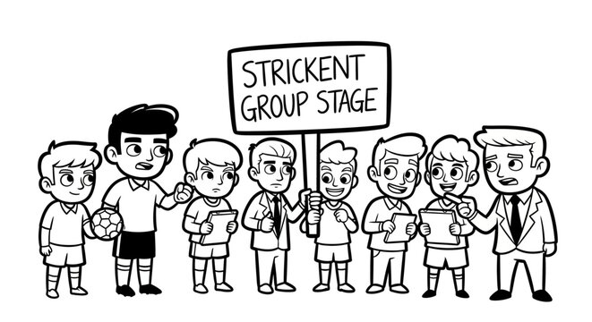 Cartoon band members at strict group stage event.