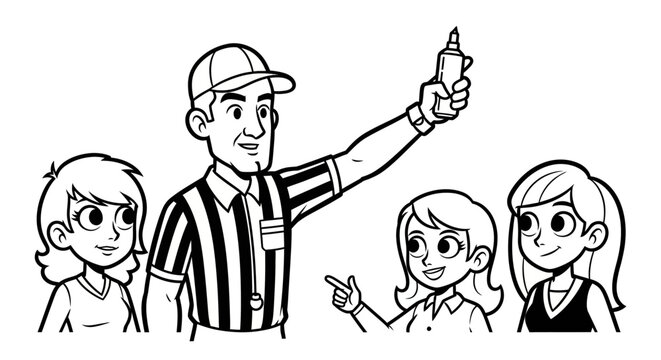 Animated referee instructing enthusiastic young audience members.