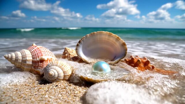 Seashells on Sandy Beach by Ocean.