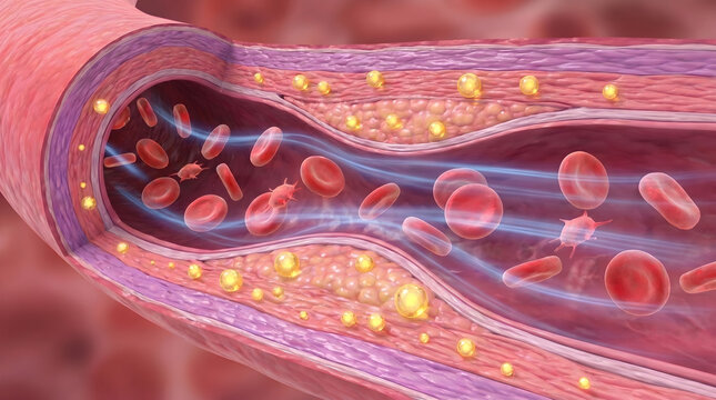 Artery cross section structure. Cholesterol plaque buildup and blood flow restriction. Cardiovascular atherosclerosis pathology concept.