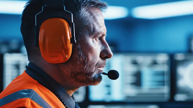 Industrial worker wearing safety earmuffs using radio in control room