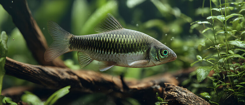 An olive-striped barb in an aquarium, featuring a dark gray body and eyes ranging in color from white to greenish; an illustration of an aquatic animal.