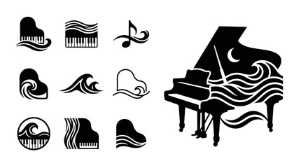 Grand Piano with Ocean Waves and Musical Notes Icons Set © khami