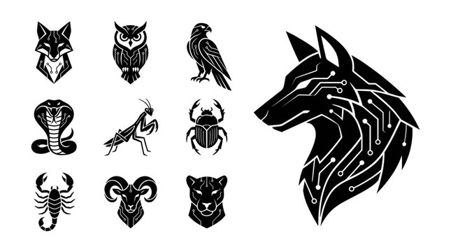 Digital Animal Icons: Fox, Owl, Eagle, Cobra, Praying Mantis, Scarab, Wolf, Scorpion, Ram, Panther