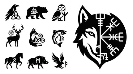 Obraz premium Norse Mythology Symbols: Animals, Runes, and Vegvisir