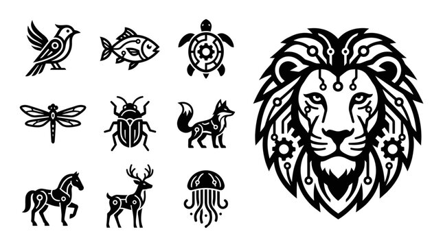 Cybernetic Animal Icons Set: Lion, Horse, Deer, Fox, Bird, Fish, Beetle, Dragonfly, Turtle, Jellyfish