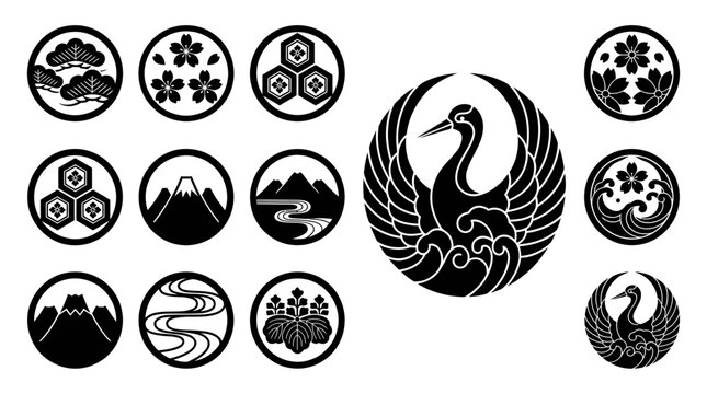 Japanese Mon Family Crests and Symbols: Crane, Cherry Blossom, Mt. Fuji, Pine Tree, Waves