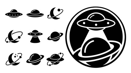 Alien UFO Icons Set: Flying Saucers, Planets, Moon Orbits, and Spaceship Beam © khami