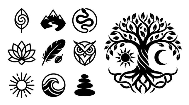 Esoteric Symbols: Tree of Life, Owl, Lotus, Sun, Moon, Snake, Mountains, Wave, Feather, Leaf, Zen Stones