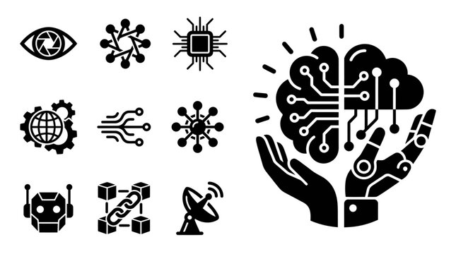 Artificial Intelligence and Technology Icons: Brain, Robot, Circuit, Network, Blockchain, Eye, Satellite