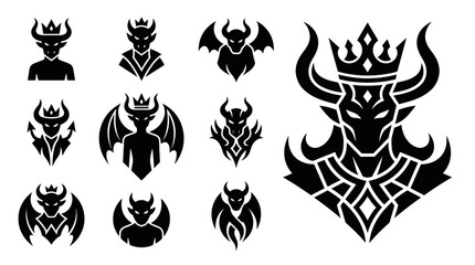 Fototapeta premium Demon King Icons Set: Evil Royalty, Gothic Symbols, Fantasy Creature Silhouettes