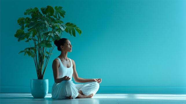 Woman meditates quietly beside large green plant in teal room