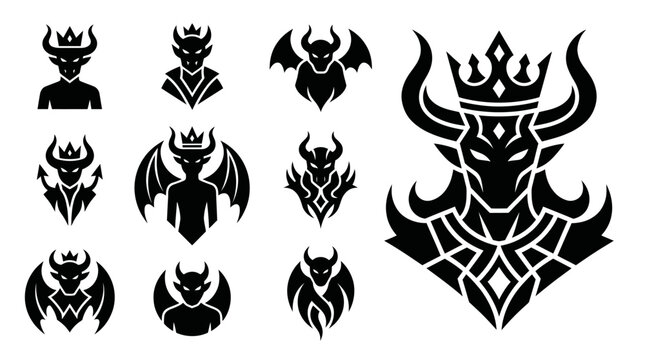 Demon King Icons Set: Evil Royalty, Gothic Symbols, Fantasy Creature Silhouettes
