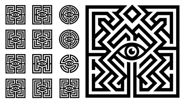 Abstract Maze Eye Patterns: Square and Circular Geometric Designs with All-Seeing Eye