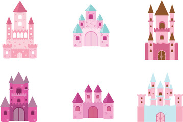 Six whimsical pastel-colored castle with turrets, flags, and decorative pastel colors pink purple blue © famaus