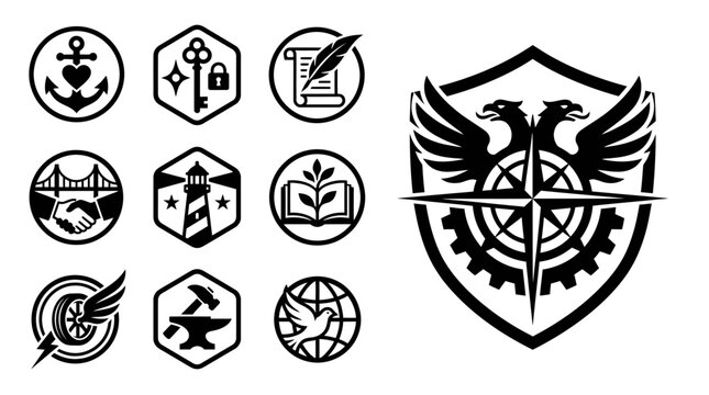 Set of Icons and Emblem: Anchor, Key, Quill, Bridge, Lighthouse, Book, Wheel, Hammer, Globe, and Double-Headed Eagle Emblem