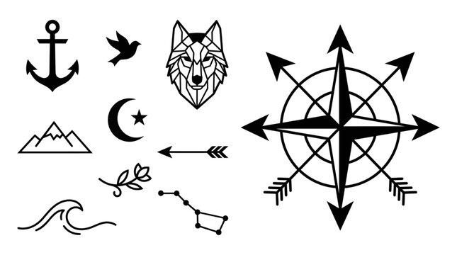 Vector Set of Outline Icons: Compass, Wolf, Anchor, Moon, Mountains, Waves, Stars, Rose, Arrow, Bird