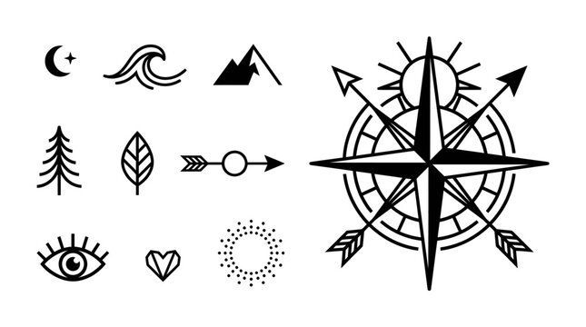 Bohemian Compass Rose, Nature Icons, Celestial Symbols - Vector Set