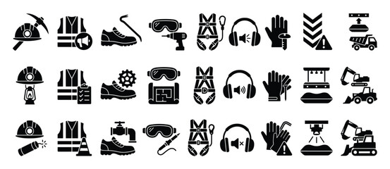 Fototapeta premium Construction safety icons set. Mining work symbols. Building tools and safety equipment pictograms. Flat style icon set.