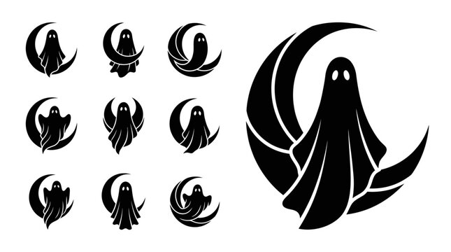 Halloween ghost and moon icons set. Spooky silhouette character, crescent moon and starry night symbols.
