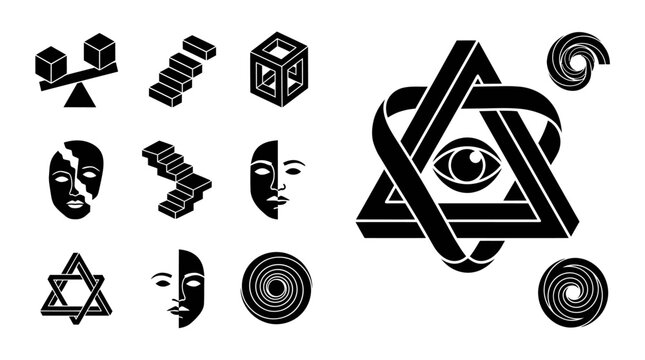 Abstract Geometric Icons: Optical Illusions, Symbols, and Concepts on White Background