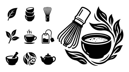 Obraz premium Japanese Matcha Tea Ceremony Icons and Elements