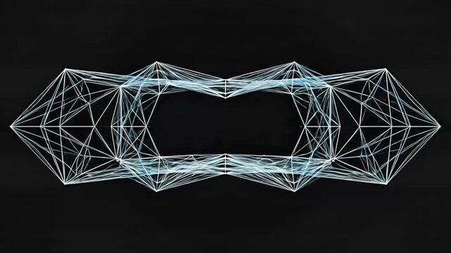Intricate symmetrical wireframe geometry forming a tunnel-like structure that morphs and pulsates on a black background. Ideal for spiritual, tech, and music visuals.