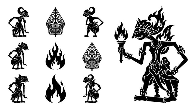 Traditional Indonesian Shadow Puppets (Wayang Kulit) Collection, Silhouette Art, Flame Elements
