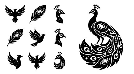 Elegant Peacock and Birds Silhouettes with Cosmic Swirls and Stars © khami