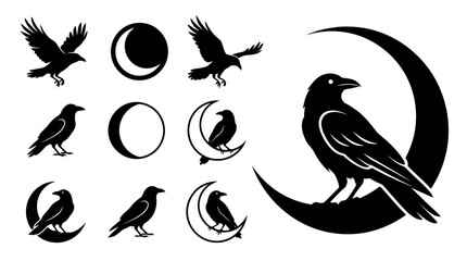 Obraz premium Mysterious Ravens and Moon Phases Silhouette Collection